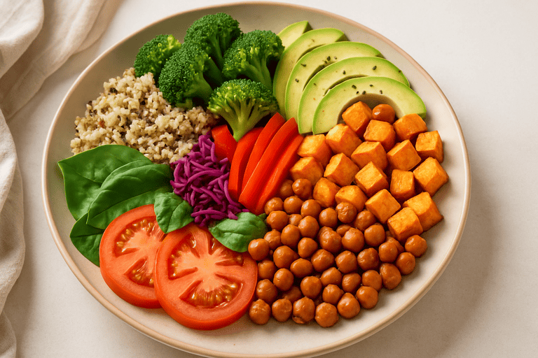 A high-resolution image of a colorful plate filled with whole foods, including sliced avocado, cherry tomatoes, quinoa, red cabbage, chickpeas, cucumber, and mixed greens, arranged in a vibrant and appetizing presentation on a white plate. The background is neutral, making the healthy, nutrient-rich ingredients stand out.